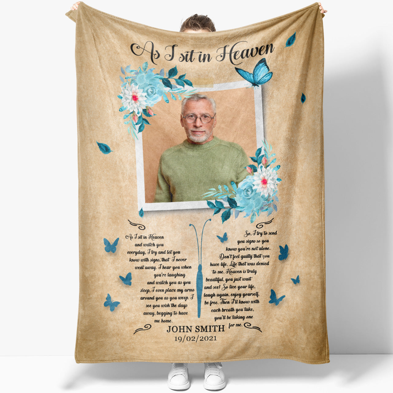 Memorial Blanket Gift Ideas, As I Sit in Heaven Custom Photo Sympathy Remembrance Blanket Gift