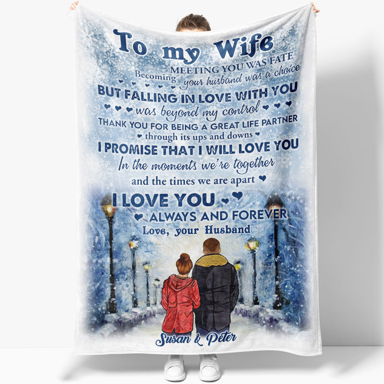Personalized Winter Christmas Blanket Gift Ideas for Wife, Customized Anniversary Blanket for Her, Falling in Love With You Blanket Birthday for Wife