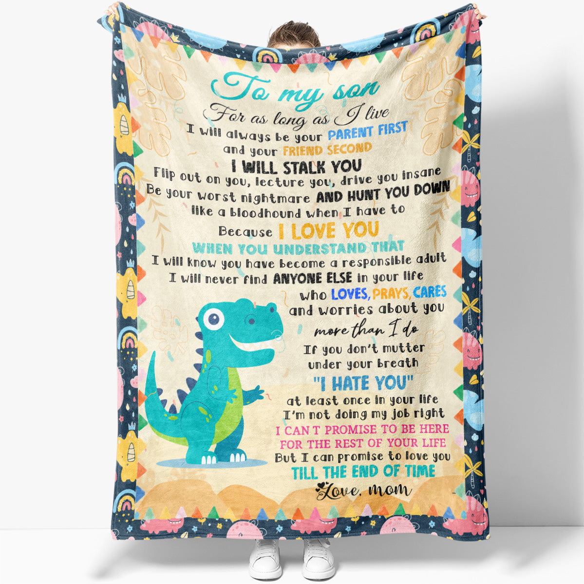 T Rex Dinosaur Love Blanket for Son, I Love, Pray, Care and Worry About You Blanket from Mom, Sentimental Thoughtful Christmas Birthday Gifts For Son