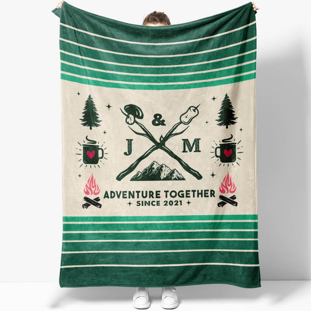 Personalized Blanket Couples Camping Initials Mountain Inspired Anniversary Gift