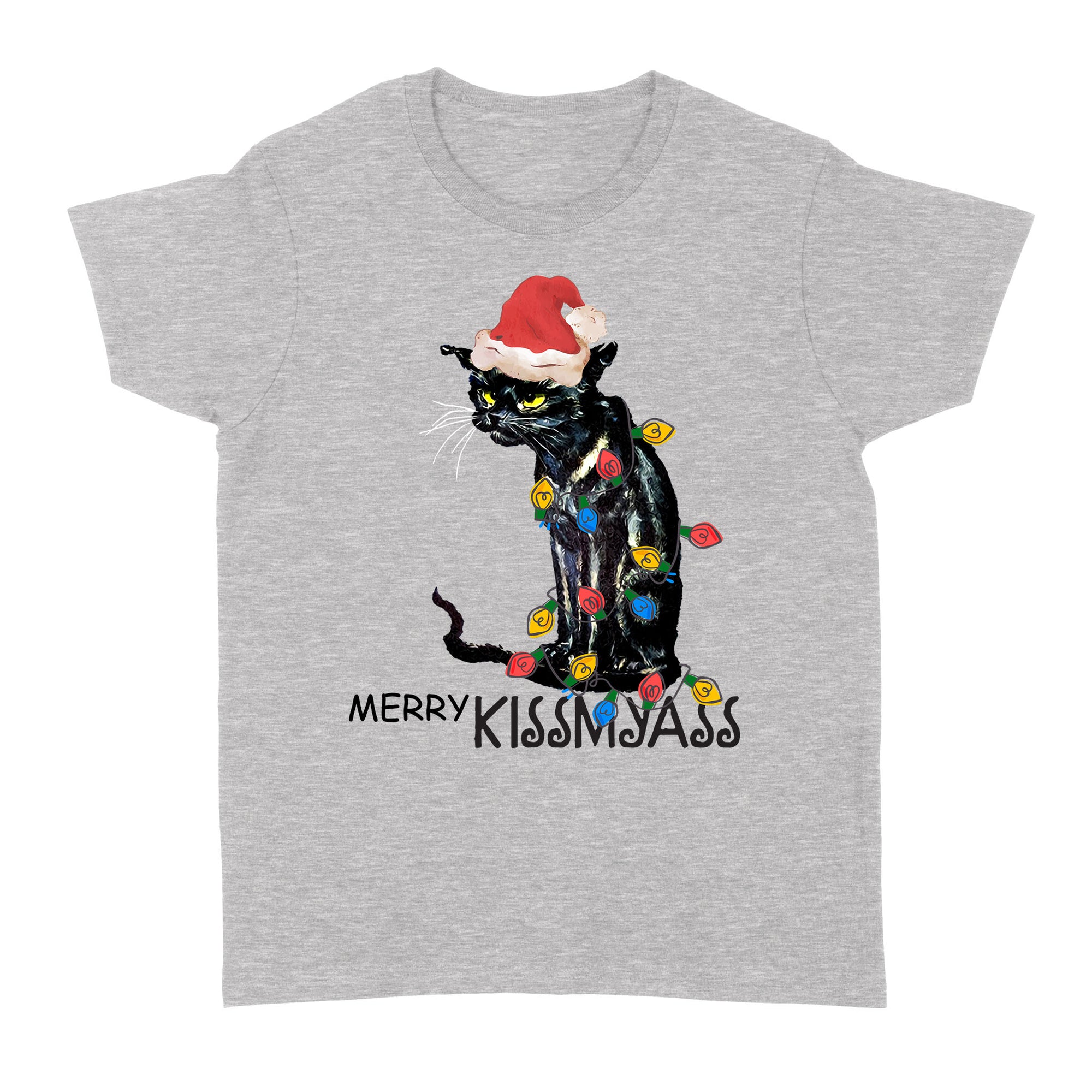 Merry Kissmyass Black Cat Light Christmas Xmas W Funny Gift Ideas for Cat Mom Dad - Standard Women's T-shirt