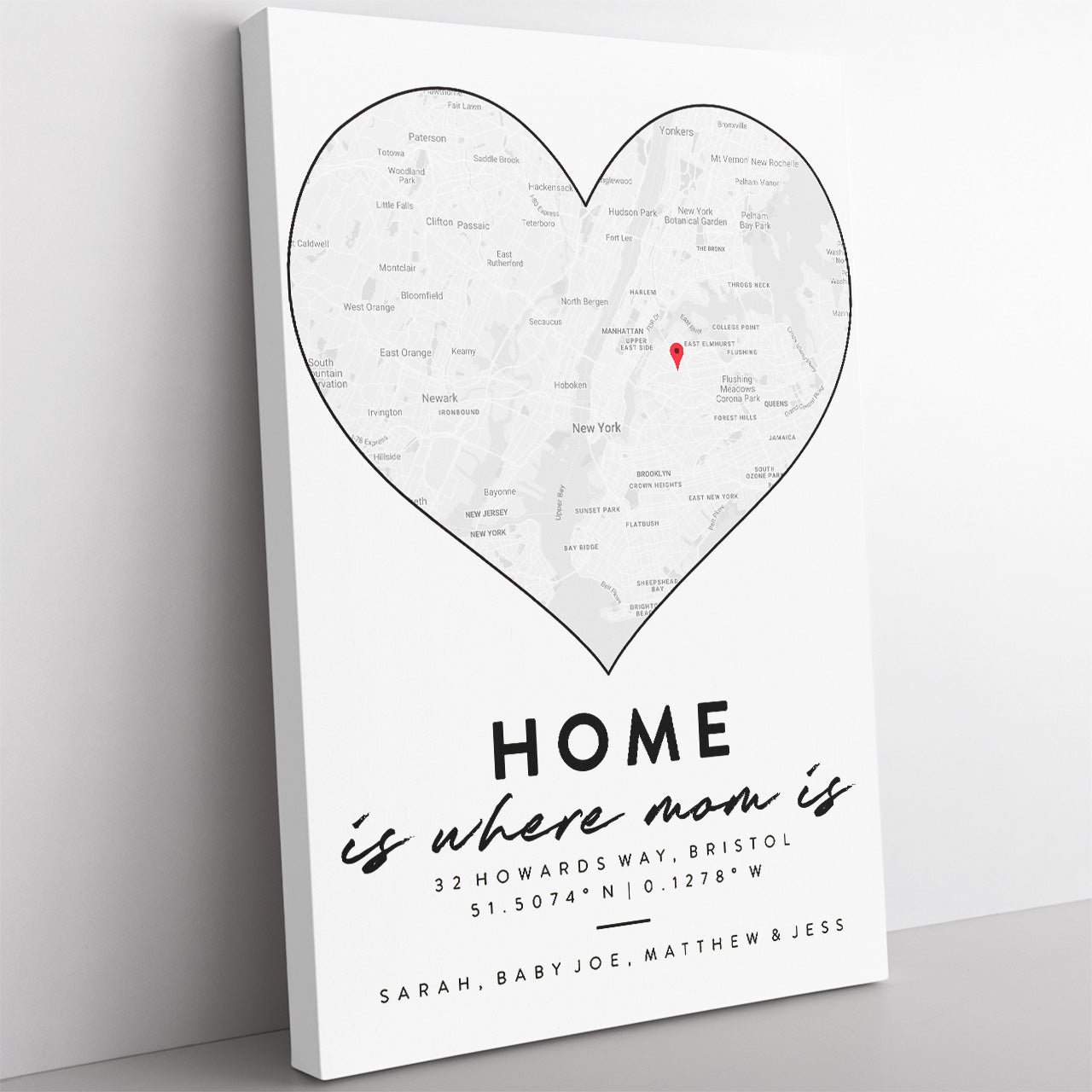 Personalized Canvas Map Mothers Day Gift, Home is Where Mom is