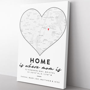 Personalized Canvas Map Mothers Day Gift, Home is Where Mom is