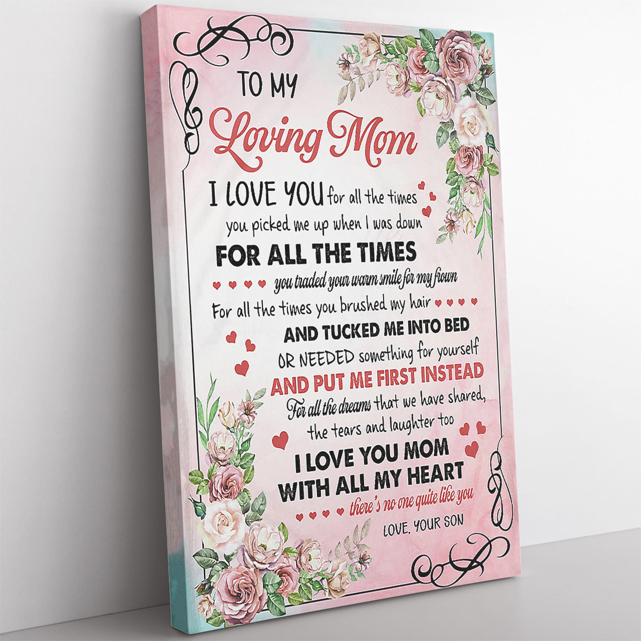 Custom Floral Canvas Gift For Mom from Son, I Love You Mom With All My Heart Canvas for Mothers Day