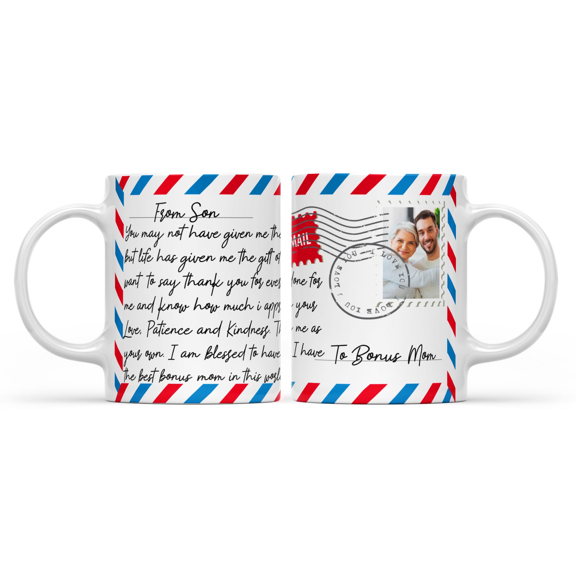 Mug Letter Step Mothers Day Gift Ideas for Bonus Mom, Custom Message From Son to Step Mother Mug