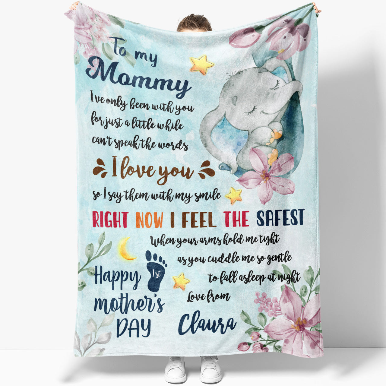 1st First Mother's Day Gift Blanket, Personalized Elephant Mothers Day Gift Blanket
