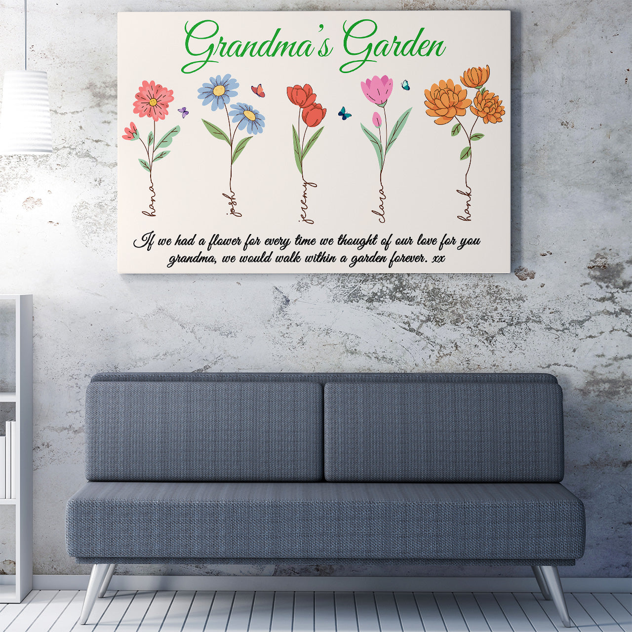 Custom Grandkid Names Grandma's Garden Floral Canvas Gift Ideas, Thought of Our Love for You Canvas Gift for Grandma