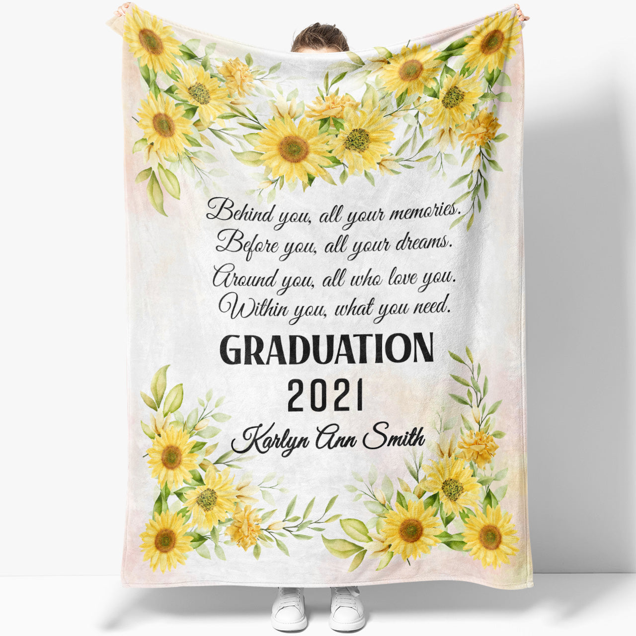 Graduation Blanket Gift Ideas, Sunflower Custom Name Behind You All Your Memories Blanket