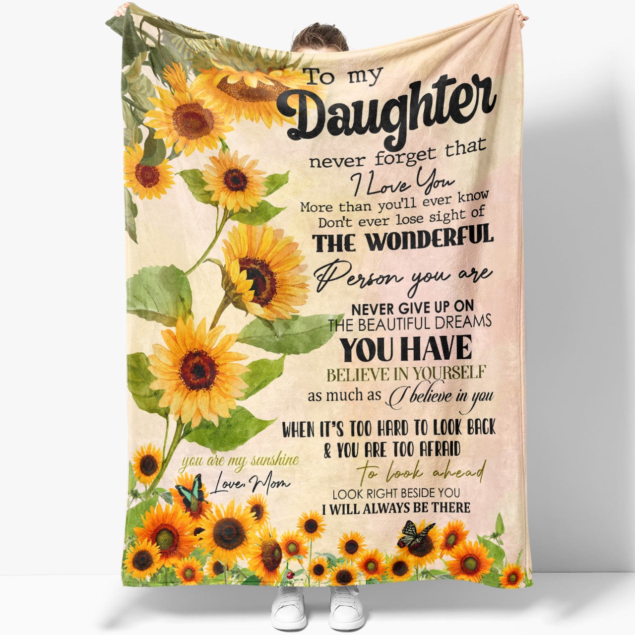 Sunflower Blanket Gift Ideas For Daughter, Loving Quote Blanket for Daughter You Are Wonderful