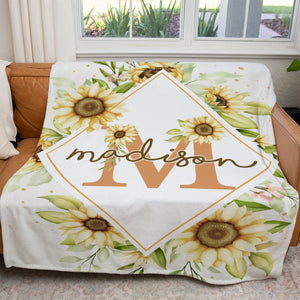 Personalized Name Sunflower Blanket, Custom Blanket with Name Birthday Gift Ideas