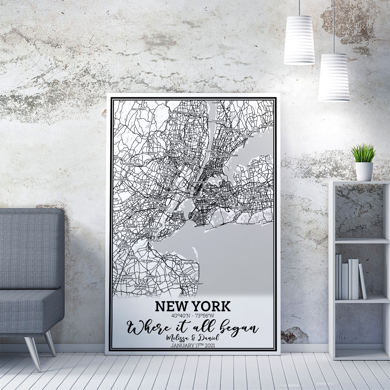 Personalized Canvas Gift For Coule, Memory Love City Map Print Canvas Gift for Him Her