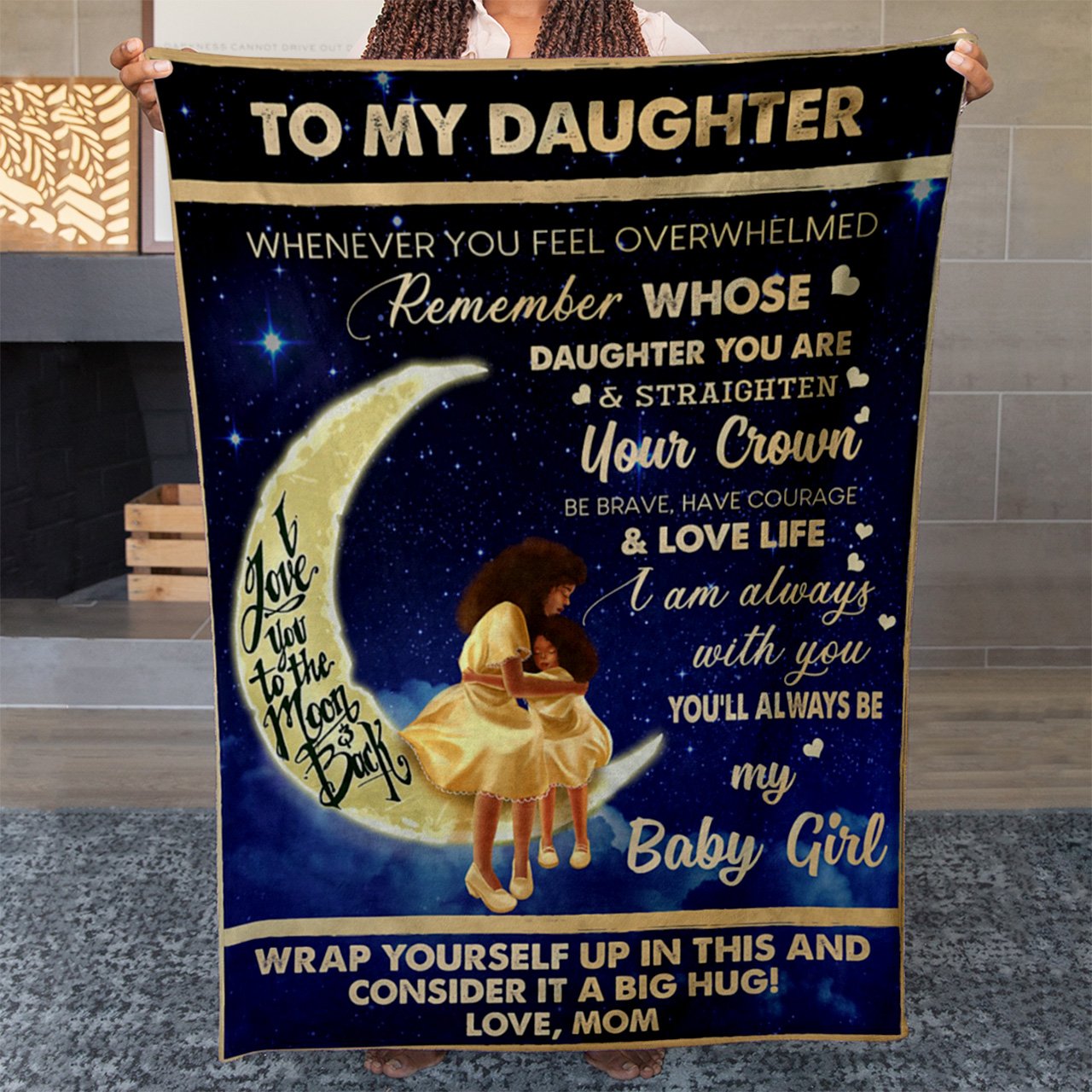 Blanket for My African American Daughter, I Love You to The Moon and Back Blanket from Mom, Sentimental Christmas Gifts For Daughter From Mom