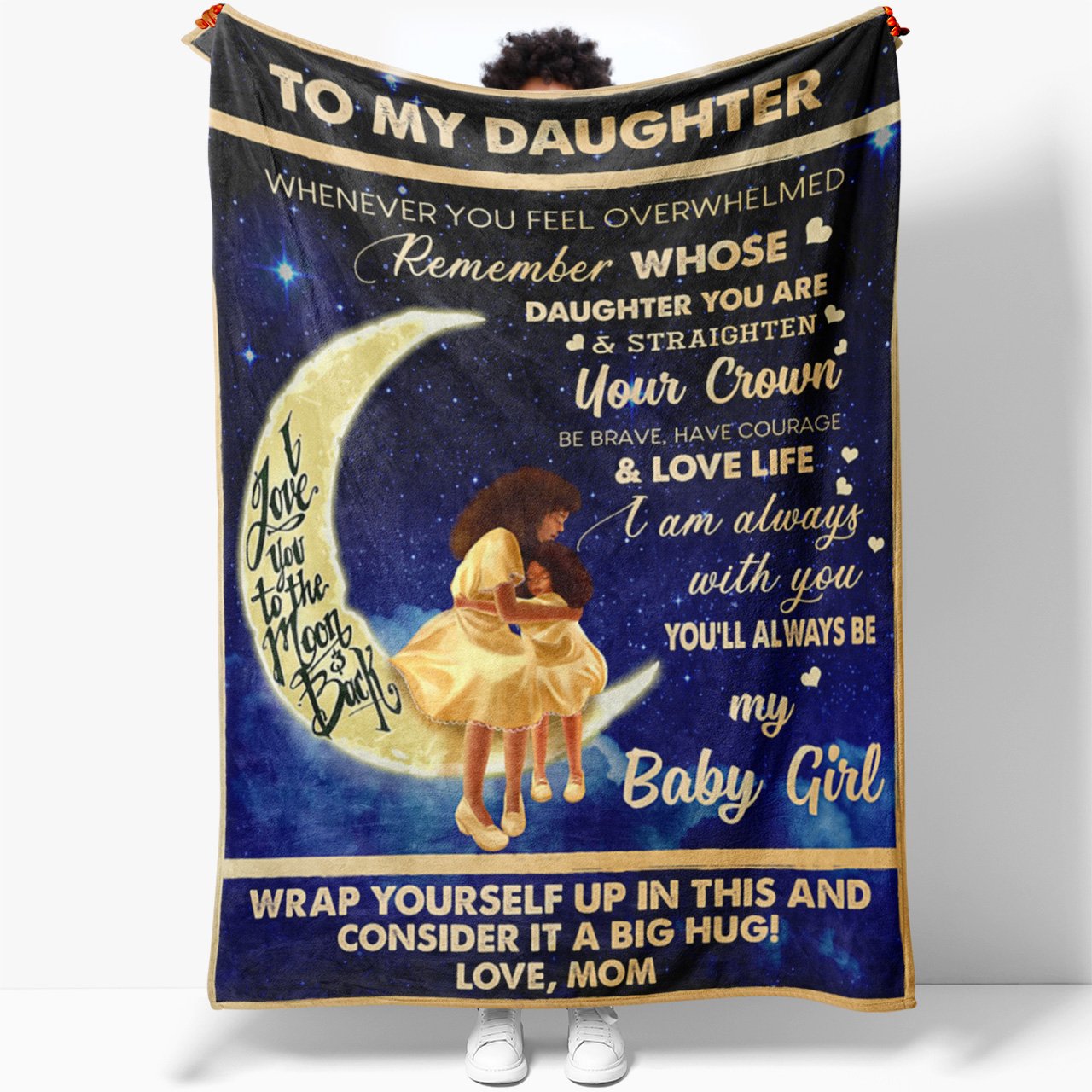 Blanket for My African American Daughter, I Love You to The Moon and Back Blanket from Mom, Sentimental Christmas Gifts For Daughter From Mom