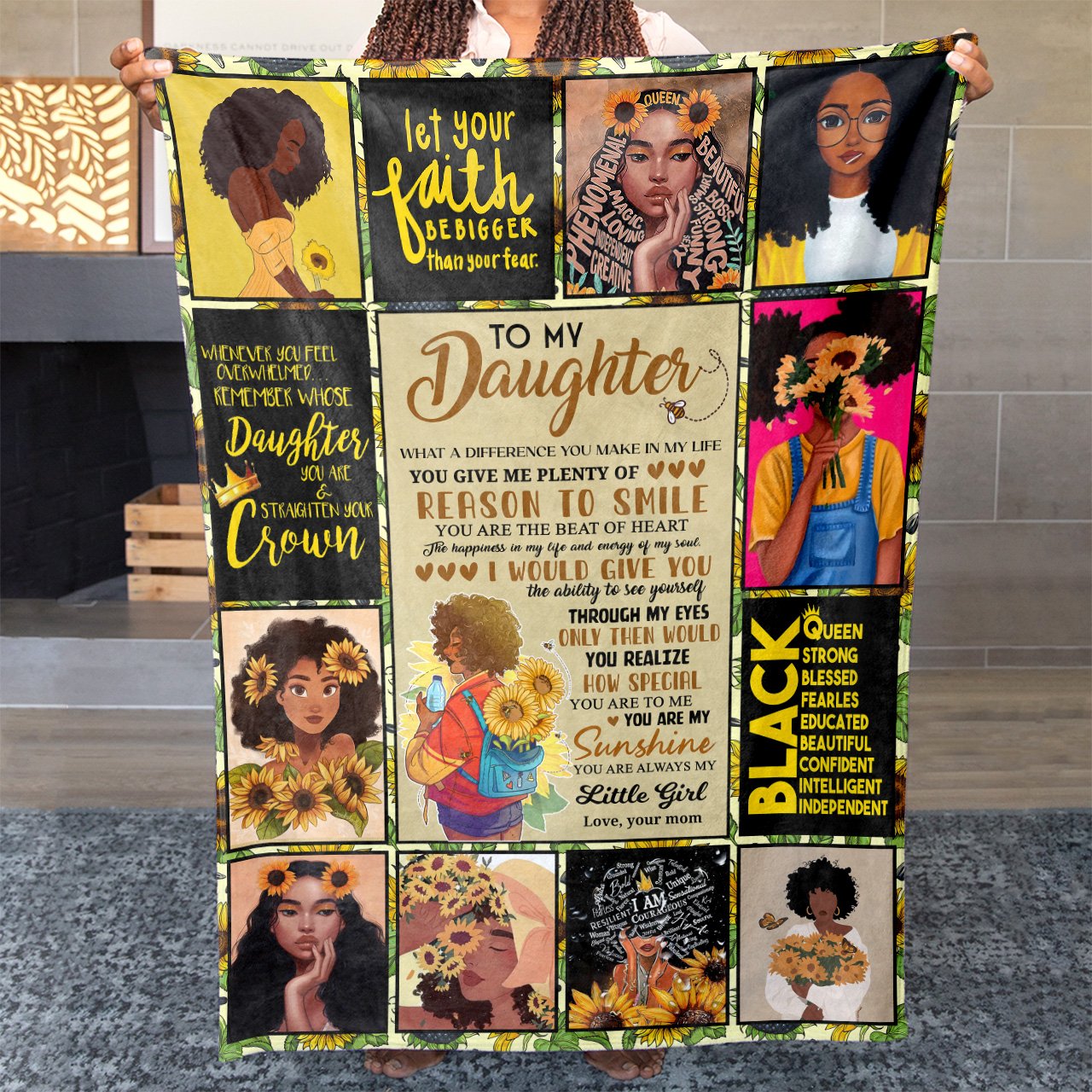 Sunflower Blanket Gift Ideas For Black Daughter, Black Strong Sunflower Blanket Gift Ideas