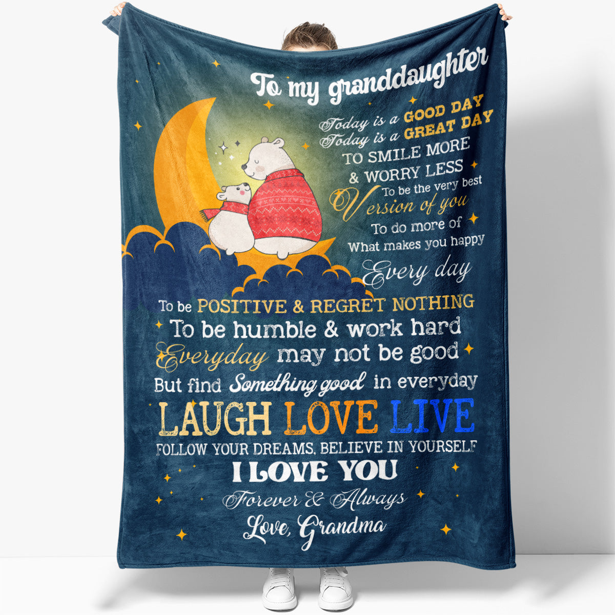 Cute Bears and Moon Blanket for Granddaughter, Smile More Worry Less Blanket Gift for Grandkid