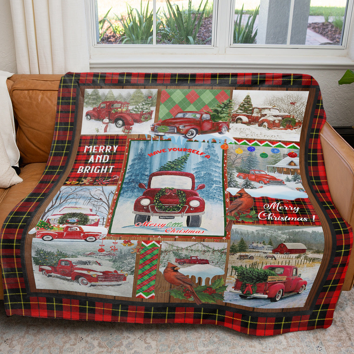 Winter Red Pickup Truck Christmas Blanket Gift, Merry and Bright Cardinal Winter Blanket, Christmas Gift Ideas for Women