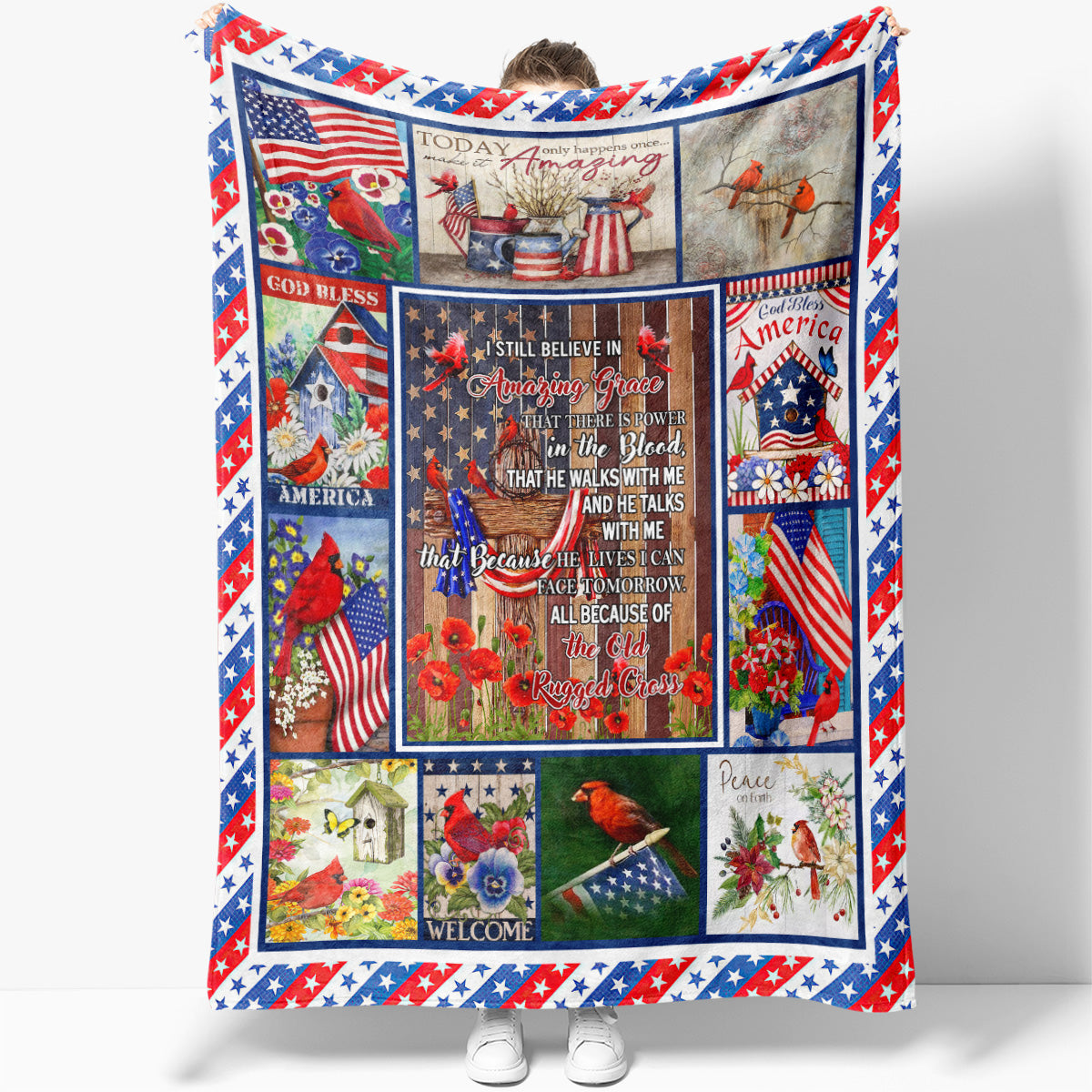 American Flag Cardinal Blanket, Patriot I Still Believe in Amazing Grace God Blanket Gift, Christian Love Jesus Christ Blanket Gift Ideas Christmas