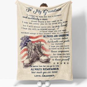 Gift Blanket for Military Army Grandson, Strong and Brave Proud and Unbending Blanket from Grandma to Grandson, Keepsake Gifts For Grandsons
