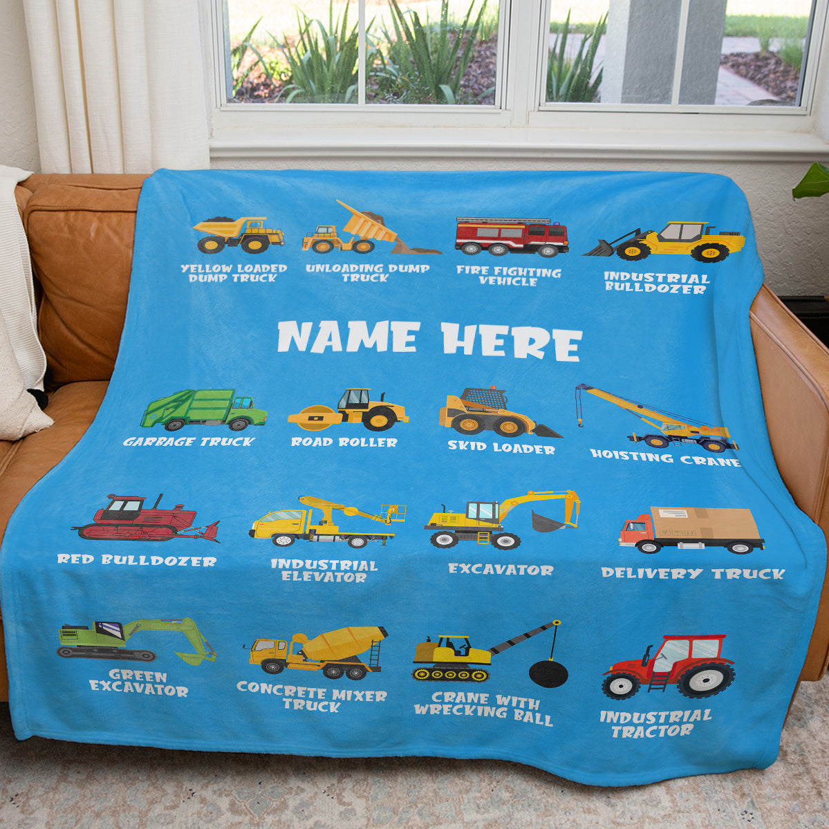 Custom Baby Boy Name Blanket, Kids Heavy Work Vehicles, Personalized Custom with Your Child's Name Blanket, Christmas Birthday Babyshower Gift Ideas