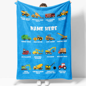 Custom Baby Boy Name Blanket, Kids Heavy Work Vehicles, Personalized Custom with Your Child's Name Blanket, Christmas Birthday Babyshower Gift Ideas