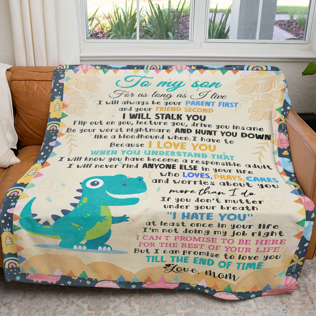 T Rex Dinosaur Love Blanket for Son, I Love, Pray, Care and Worry About You Blanket from Mom, Sentimental Thoughtful Christmas Birthday Gifts For Son