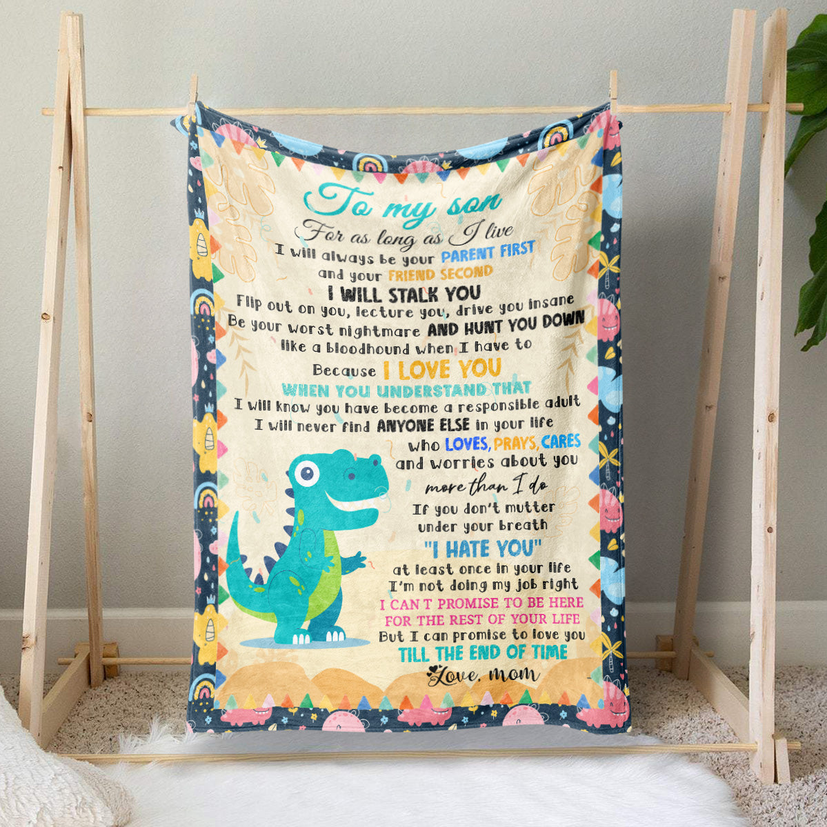 T Rex Dinosaur Love Blanket for Son, I Love, Pray, Care and Worry About You Blanket from Mom