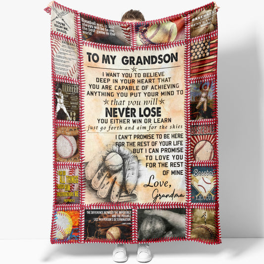 Baseball Blanket for Grandson from Grandma, You Never Lose Either Win or Learm BLanket, Keepsake Gifts For Grandsons, Gifts For Nana From Grandson