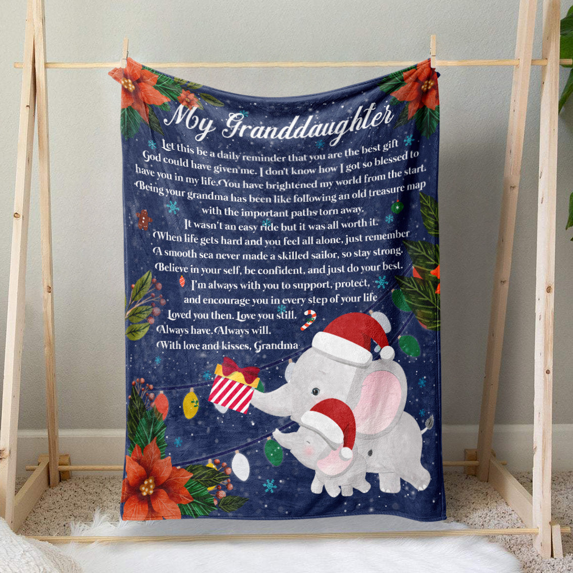 Christmas Elephants Granddaughter and Grandma Blanket, Beautiful Chirstmas Wishes for Granddaughter Blanket, Love Message from Grandma Blanket