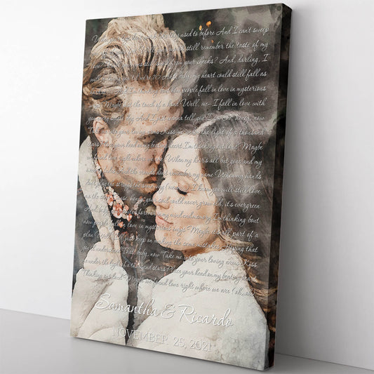 Custom Watercolor Painting Portrait Couple from Photo Canvas, 1st Song Lyrics Dance Vows Wedding Gift Canvas