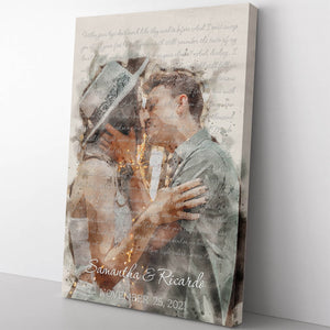 Custom Watercolor Painting Portrait Couple from Photo Canvas, 1st Song Lyrics Dance Vows Wedding Gift Canvas