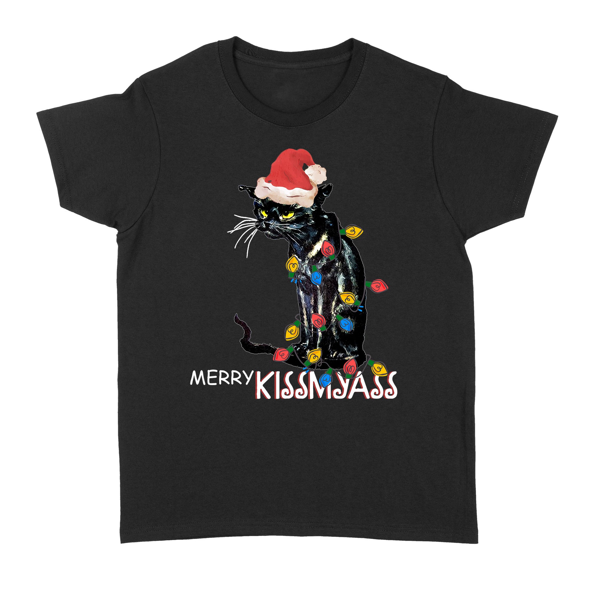 Merry Kissmyass Black Cat Light Christmas Xmas B Funny Gift Ideas for Cat Mom Dad - Standard Women's T-shirt