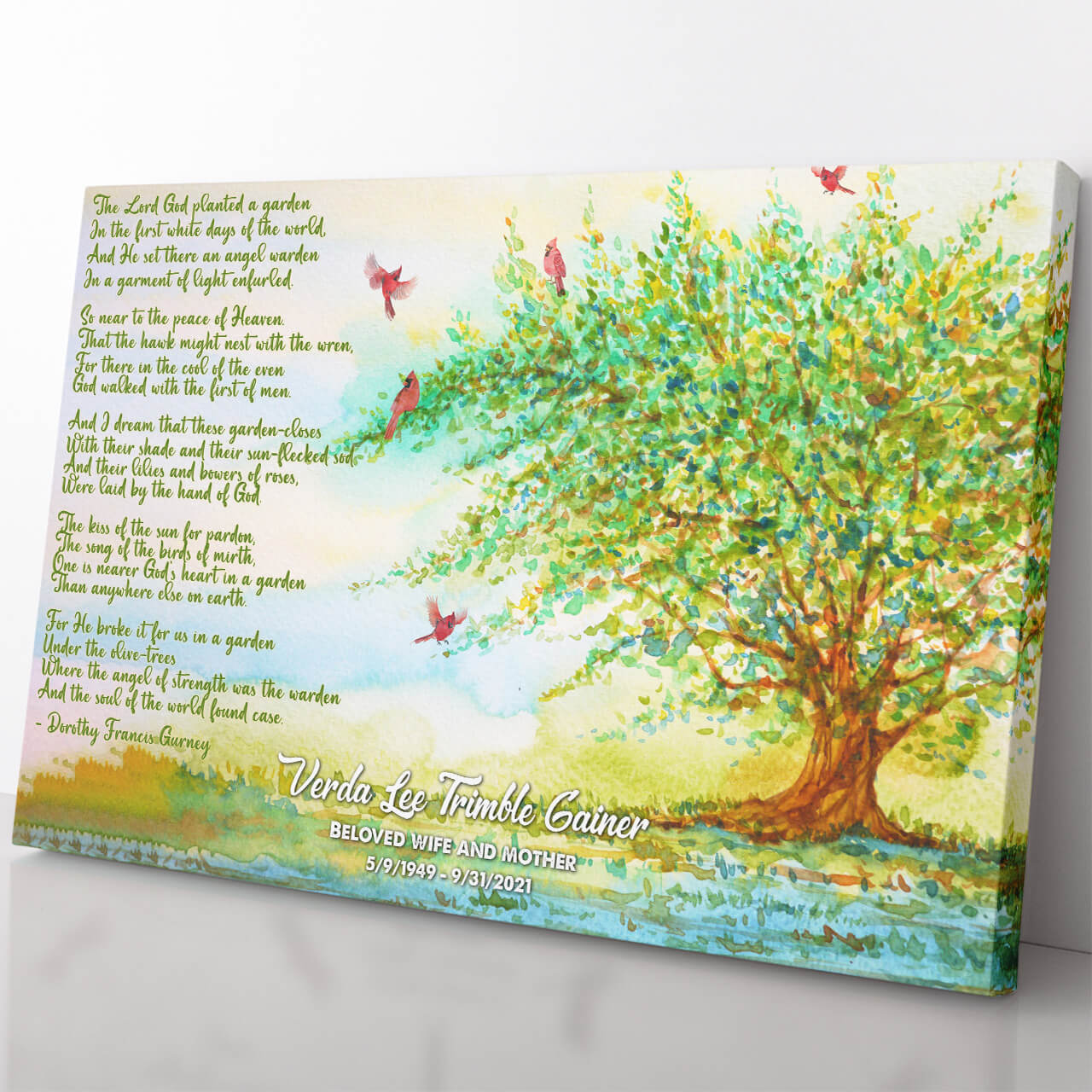 Memorial Gift for Loss of Love, Poem The Peace in Heaven and Cardinal Canvas