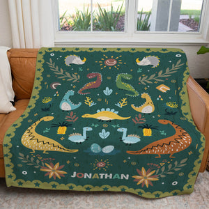 Dinosaur Personalized Name Throw Blanket, Cute Colorful Kids Teen Bedroom Blanket