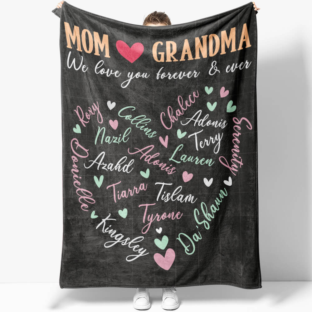 Mom and Grandma Custom Names Heart Shape Blanket, Mother's Day Gift For Grandma