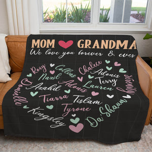 Mom and Grandma Custom Names Heart Shape Blanket, Mother's Day Gift For Grandma