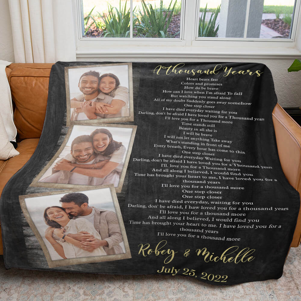 Custom Couple Photo Blanket, Love Song Lyrics Blanket, 2nd Wedding Anniversary Gift