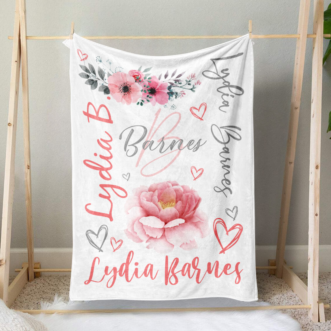 Personalized Baby Girl Name Floral Blanket, Custom Baby Girl Shower Blanket