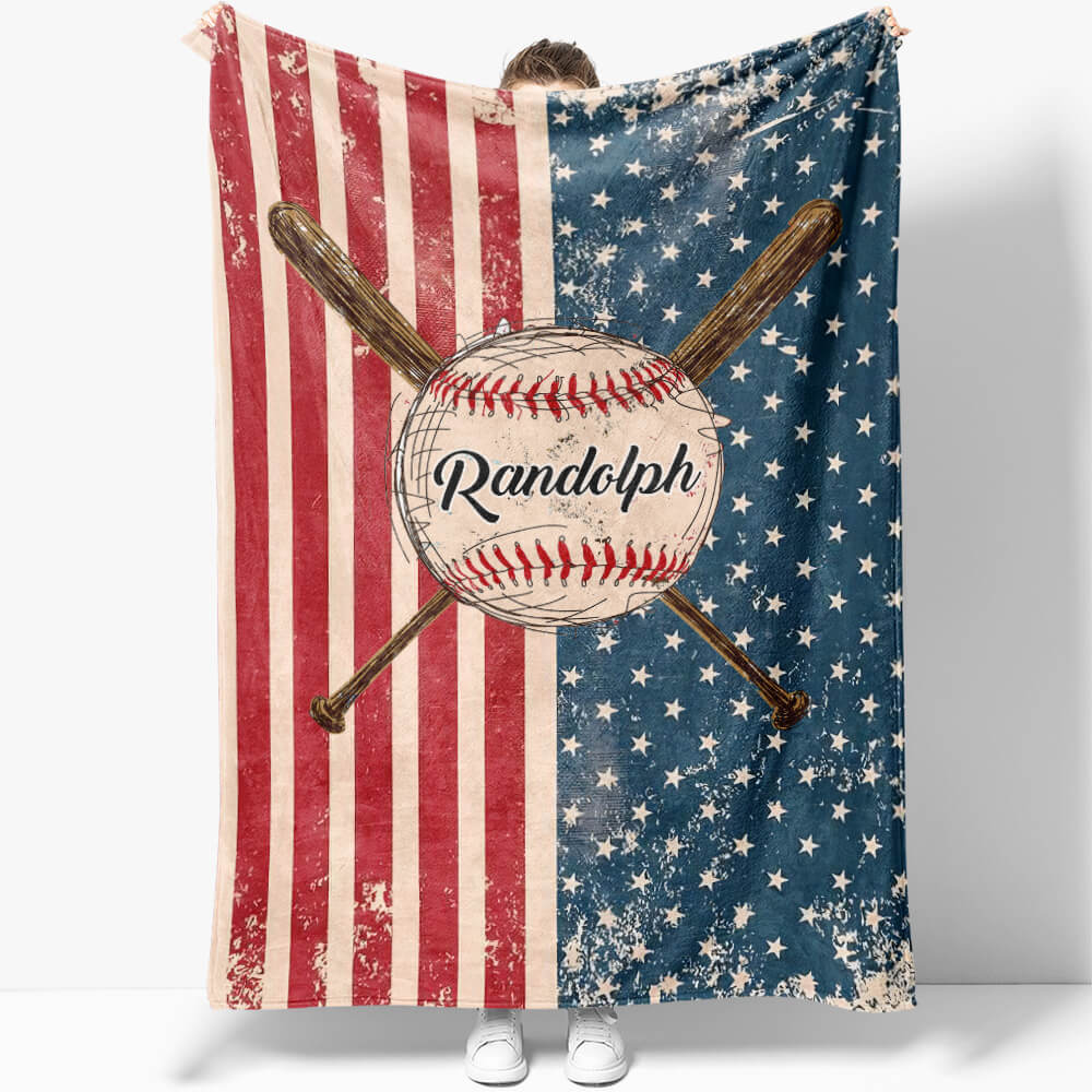 American Baseball Flag Custom Name Blanket, Blanket for Grandson, Blanket for Son