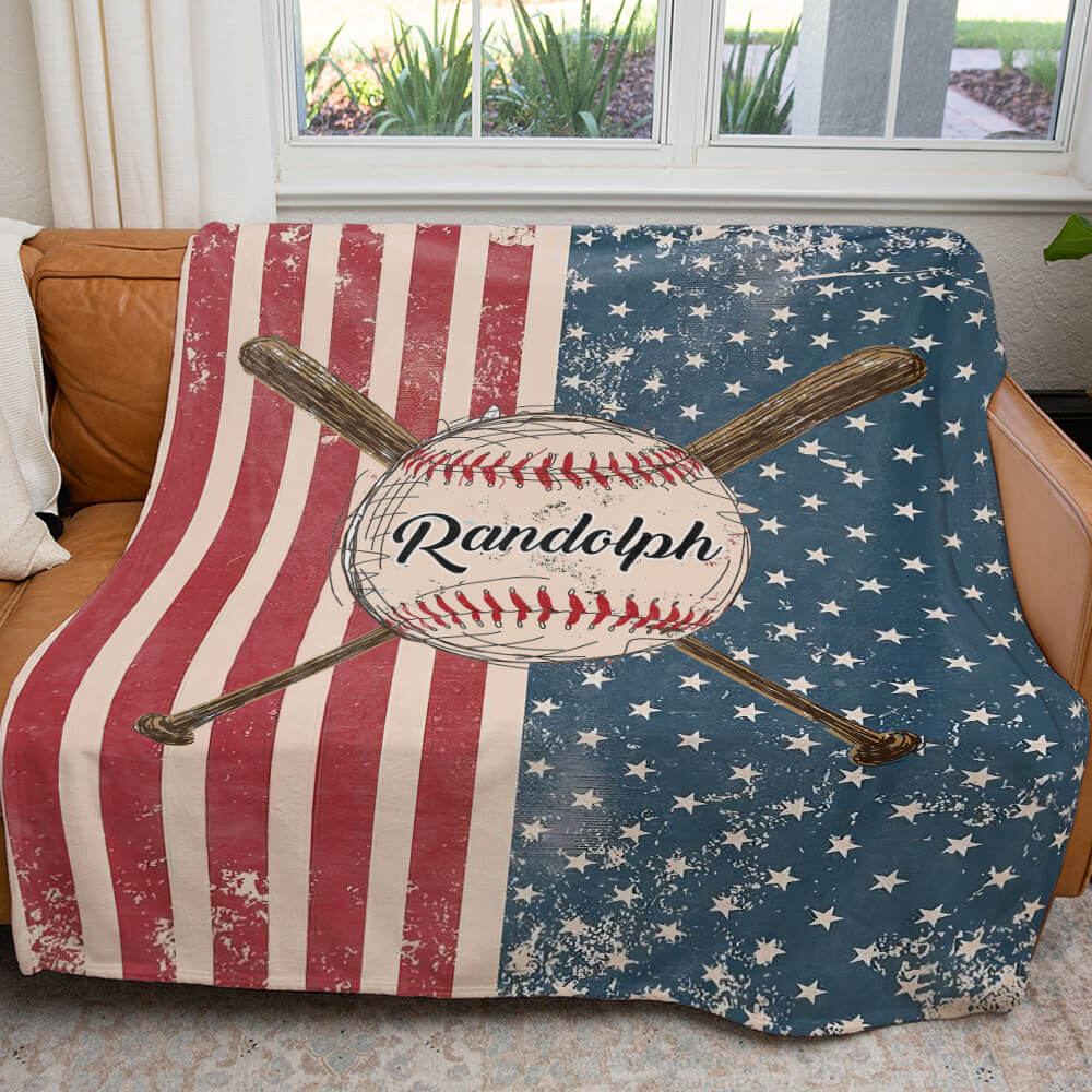 American Baseball Flag Custom Name Blanket, Blanket for Grandson, Blanket for Son