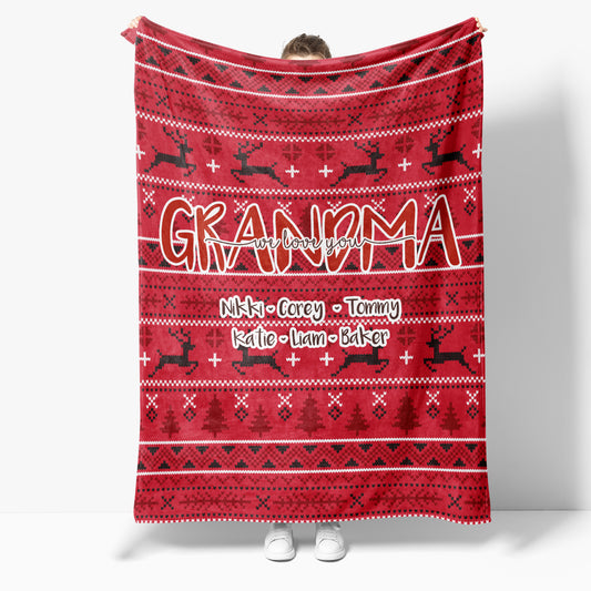 BLK201119 Christmas Blanket Gift Ideas for Grandma Customize Personalize Name Grandkids Grandchildren We Love You Pattern Christmas Red Fleece