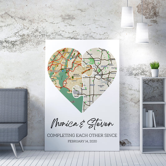 Personalized Heart Map Print On Canvas, Valentines Day Gift