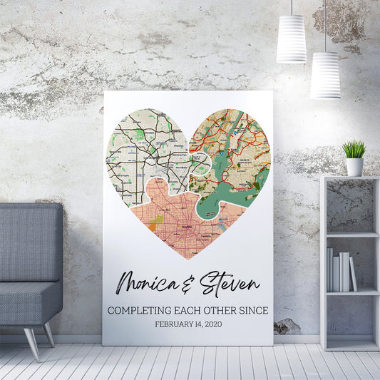 Personalized Heart Map Print On Canvas, Valentines Day Gift