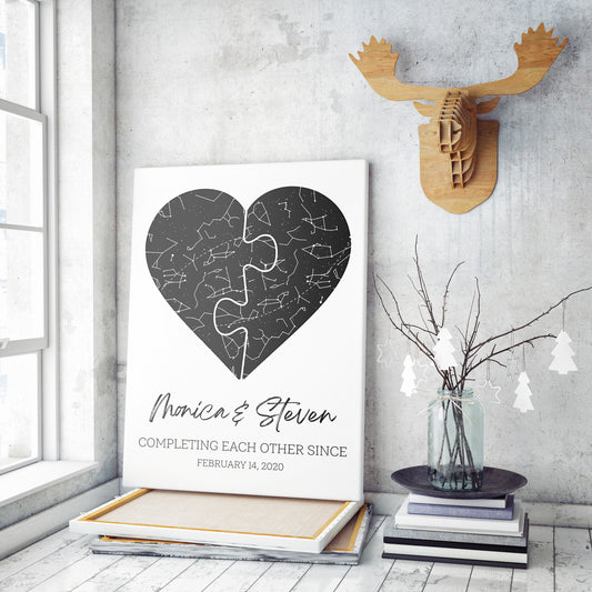 Personalized Heart Stars Map Print On Canvas, Constellation Map on Birthday Canvas