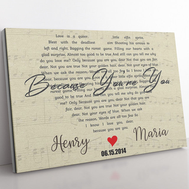 Personalized Canvas Gift For Boyfriend, First Love Song Lyrics Heart Shape