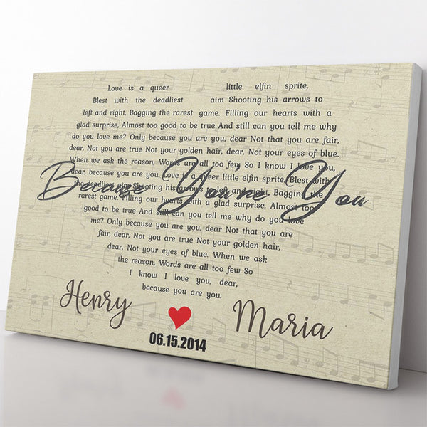 Heart-Shaped Song Lyrics 12th Anniversary Custom Canvas Print