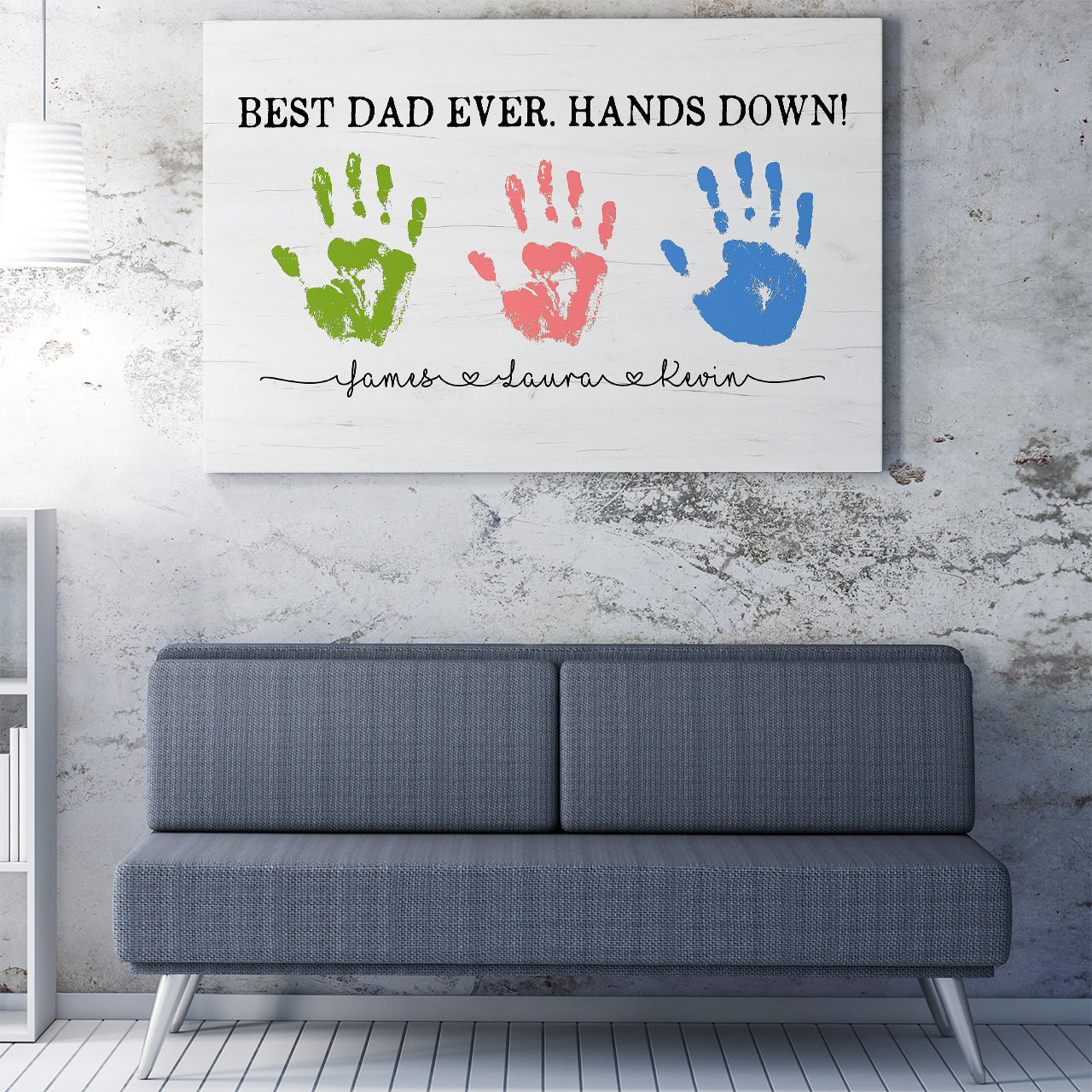 Personalized Fathers Day Gift, Best Dad Ever Hands Down Sign Canvas, Gift Wall Art  for Dad from Kids, Customized Kid's Name