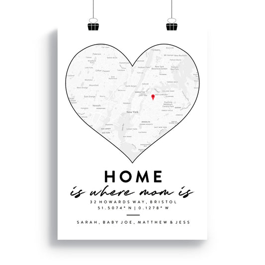 Personalized Poster Map Mothers Day Gift,Home is Where Mom is