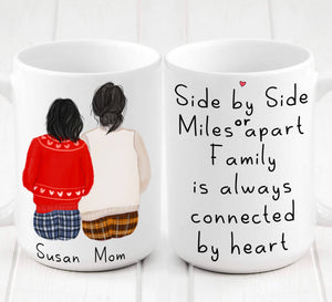 Custom Mug Gift for Mom from Daughter, Side by Side Miles Apart Connected by Heart Mug